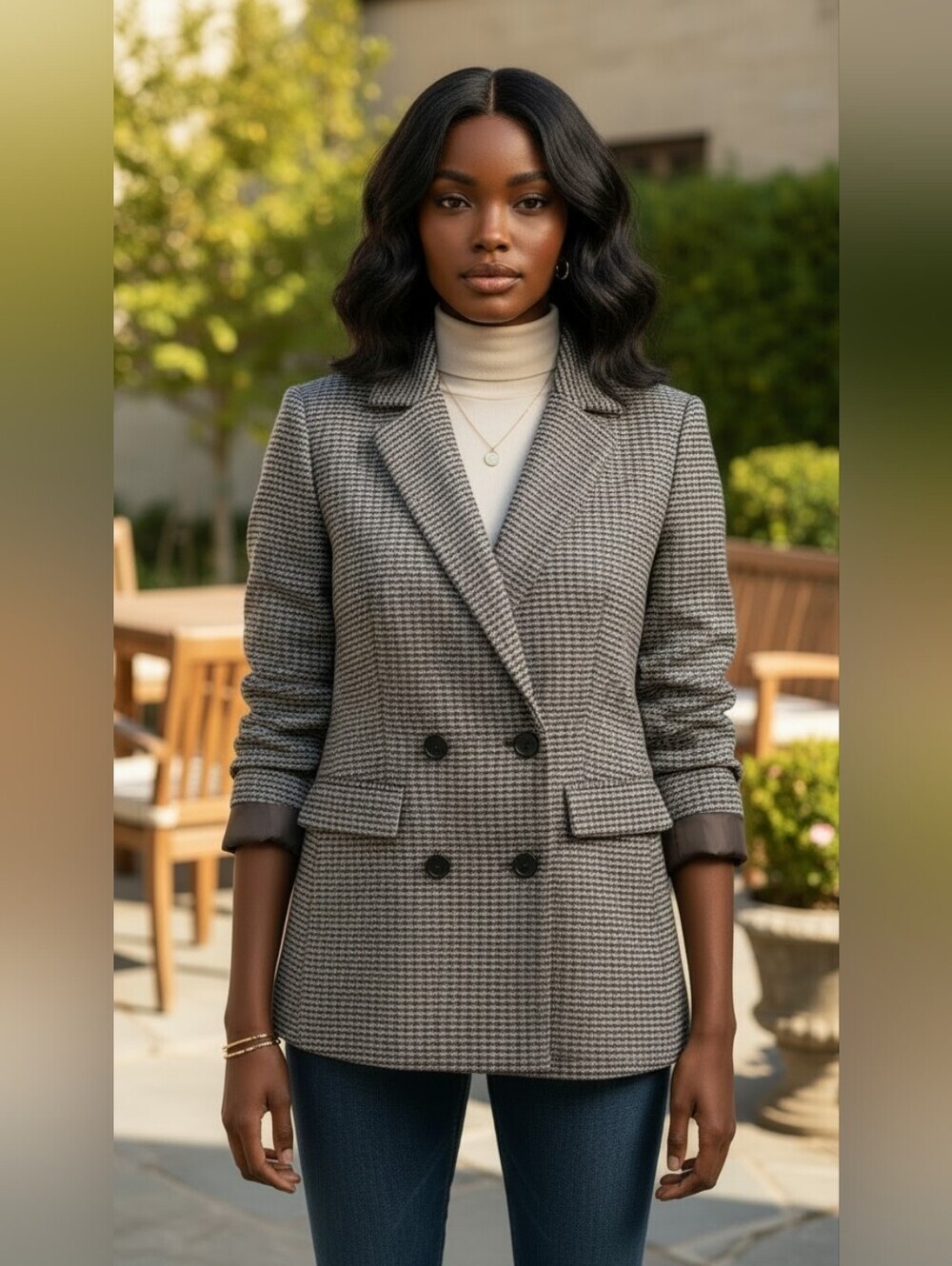 Old Navy Brown Houndstooth Plaid Double Breasted Blazer Oversized Large
